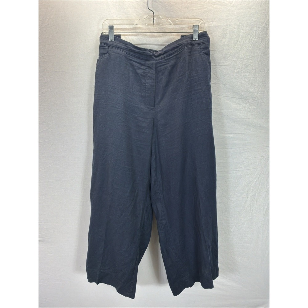 J. Jill Love Linen Wide Leg Crop Pant Women 3X Blue Button Elastic Waist Coastal
